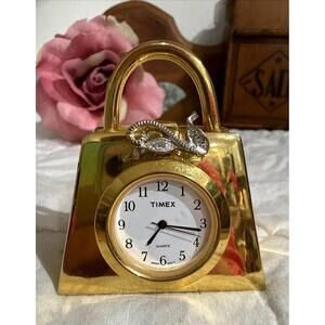 Rare Timex Mini Clock Purse Handbag 2”Rhinestones Goldtone Unique Desk Works